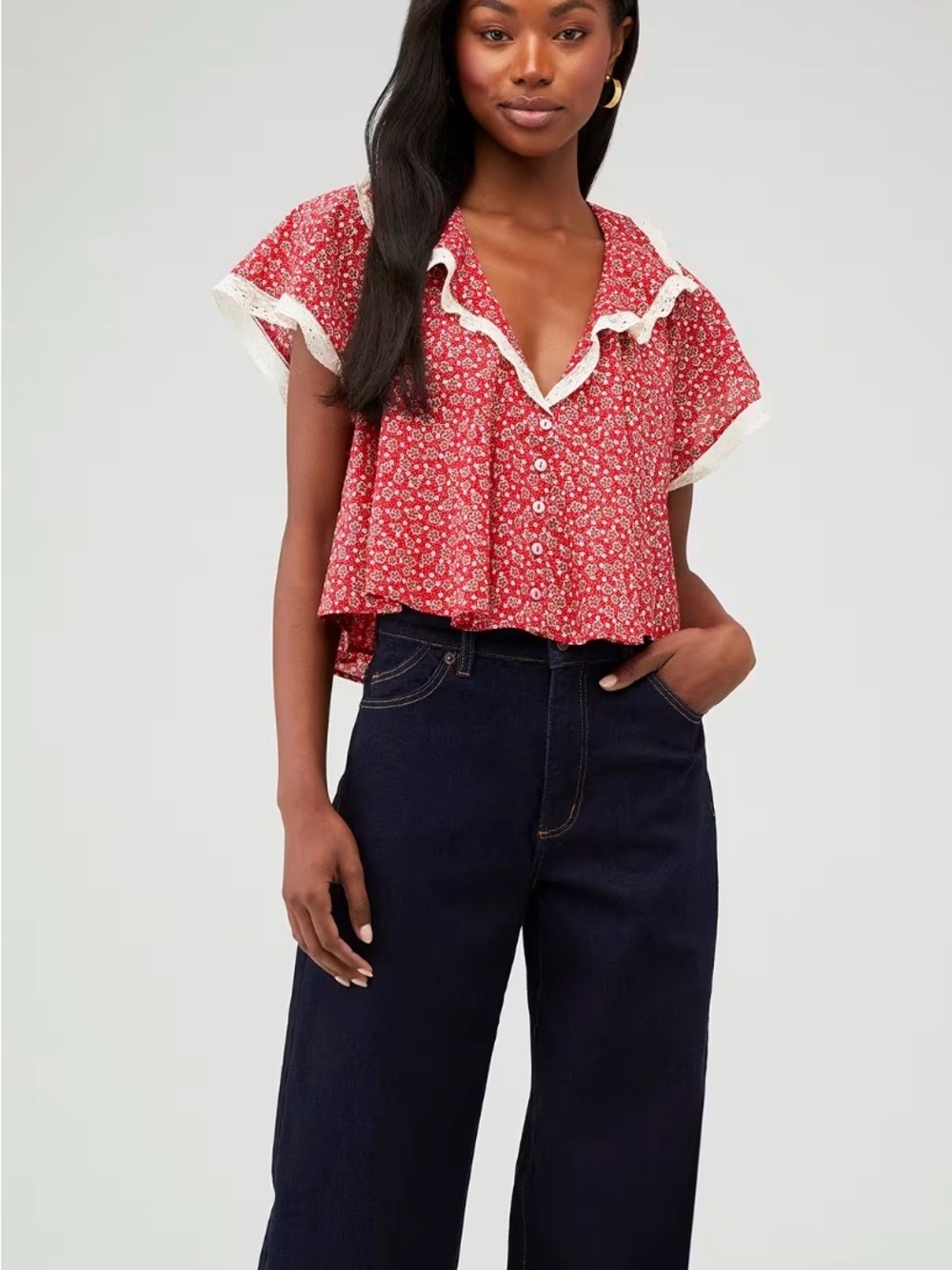 Free people Red Floral Ruffle-Trim Button Front Blouse